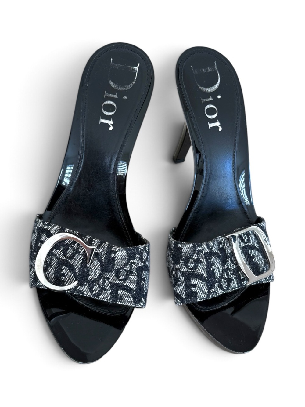 Dior Black & Gray Monogram Buckle Slide Heels